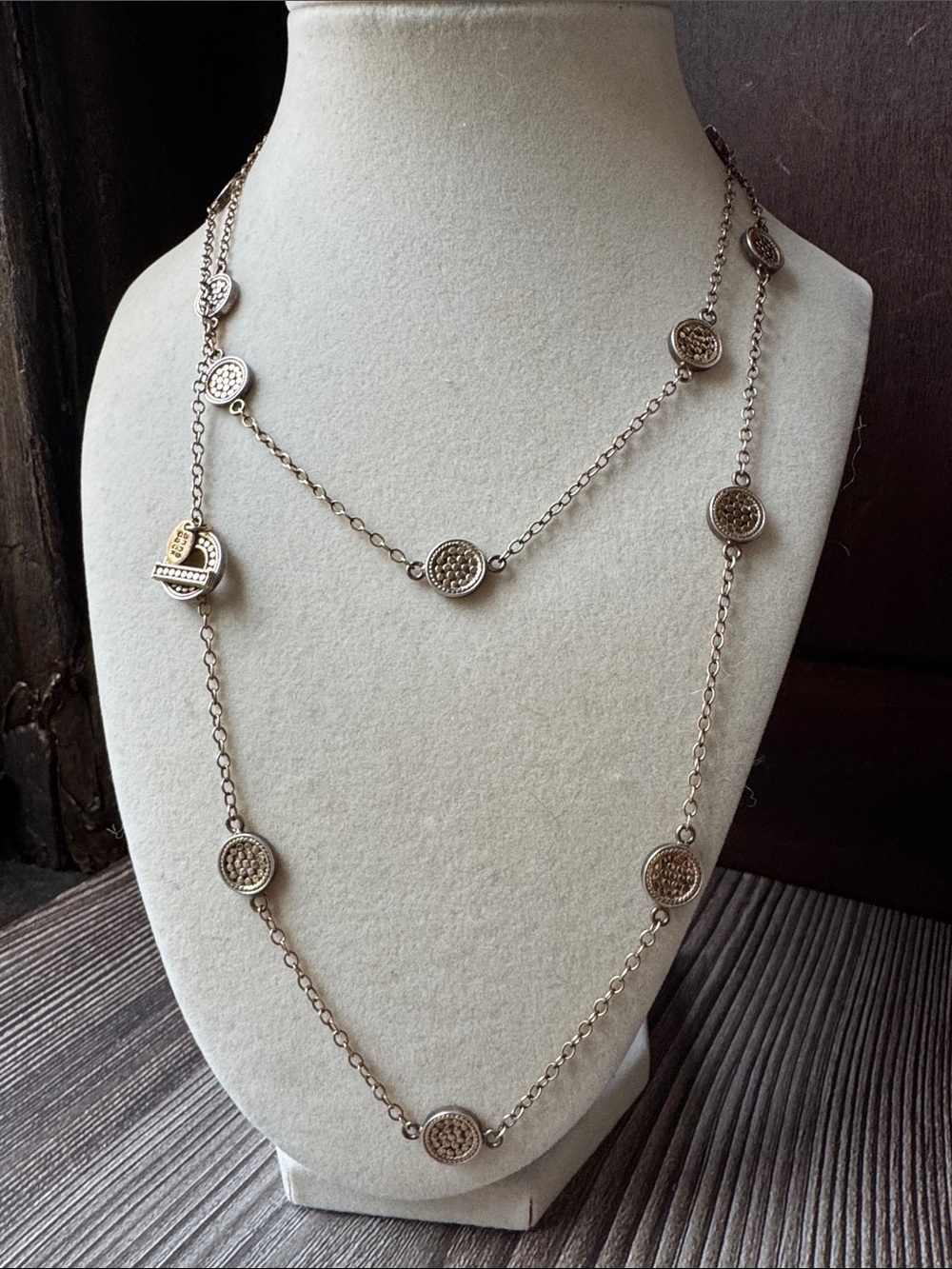 Anna Beck Classic Two Tone 18k Gold Sterling Silver Long Station. Necklace 36’